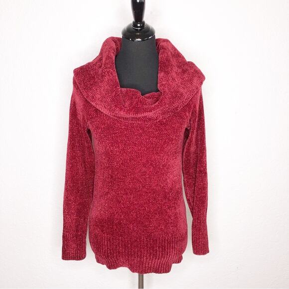 White House Black Market Sweaters - WHBM dark red velour chenille knit cowl neck off shoulder sweater size Small